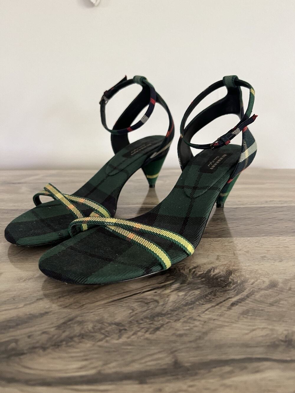 Burberry Green Tartan Plaid Check Kitten Cone Heels Sandals Strappy 41 Yellow